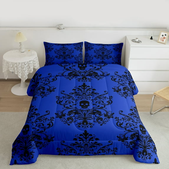 jejeloiu Damask Baroque Floral Full Size Comforter Sets,Blue Black Bedding Comforter Set,Black Skull Skeleton Bedding Sets For Adults,Ultra Soft Bedroom Decoration Reversible,3-Piece