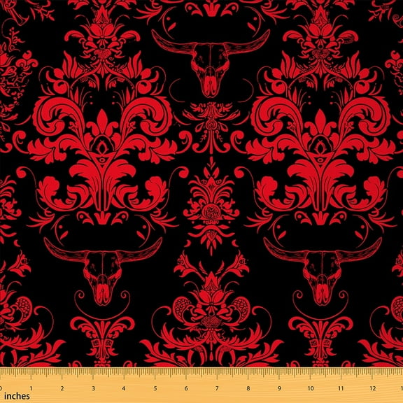 jejeloiu Damask Fabric by the Yard 1 Yard,Gothic Flower Home Decor Fabric by the Yard,Farm Bull Skull Sewing Fabric,Breathable Bedroom Decorative