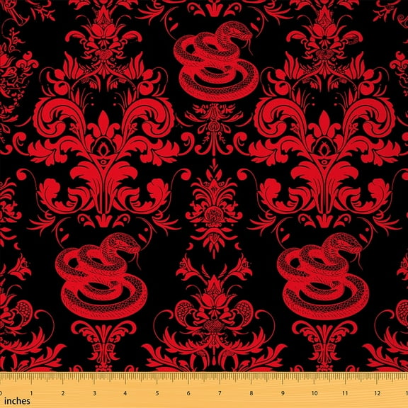 jejeloiu Damask Fabric by the Yard 1 Yard,Gothic Flower Home Decor Fabric by the Yard,Red Snake Sewing Fabric,Breathable Bedroom Decorative