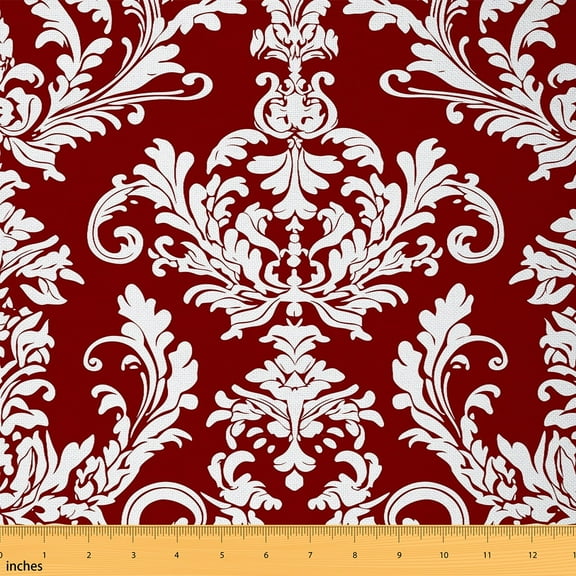 jejeloiu Damask Fabric by the Yard 1 Yard,Gothic Flower Home Decor Fabric by the Yard,Red White Sewing Fabric,Breathable Bedroom Decorative