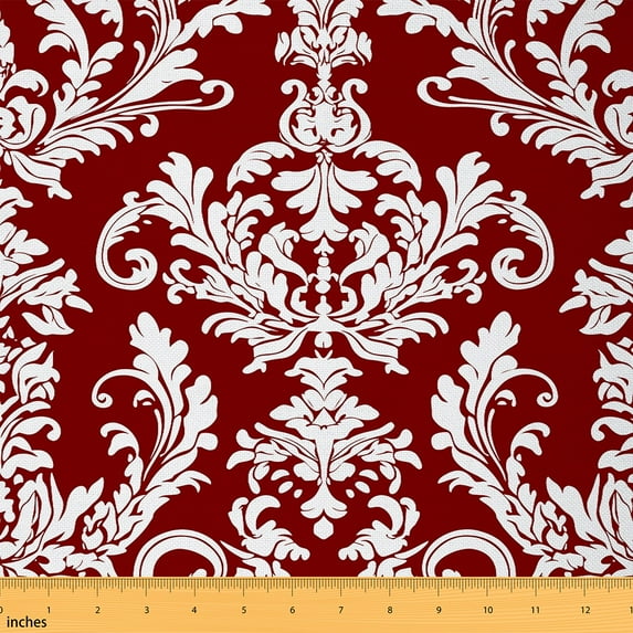 jejeloiu Damask Fabric by the Yard 3 Yards,Gothic Flower Sewing Fabric,Red White Fabric for Sewing,Breathable Bedroom Decorative