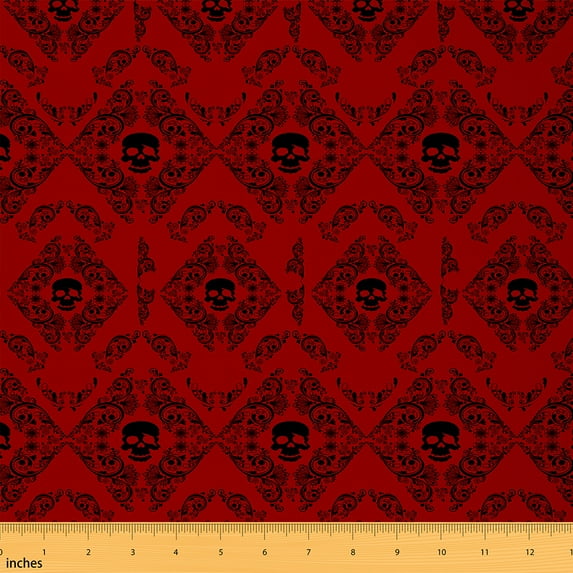 jejeloiu Damask Floral Fabric by the Yard 3 Yards,Gothic Halloween Skull Sewing Fabric,Orange Black Jacquard Fabric for Sewing For Boys,Breathable Bedroom Decorative