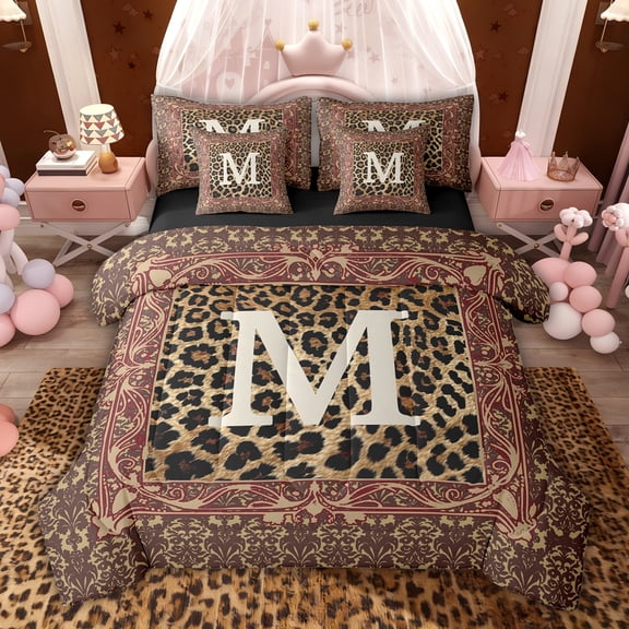 jejeloiu Damask Floral Pattern 7-Piece Twin Bedding Sets,First Letter M Bedding Comforter Set For Cheetah Lover Reversible