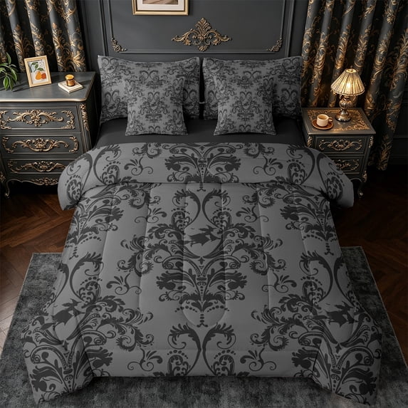 jejeloiu Damask Floral Pattern 7 Pieces Bedding Comforter Set,Victorian Print Full Bedding Set,Funny Halloween Witch Fitted Sheet Flat Sheet For Men Women,Luxury Bedroom Decor Reversible