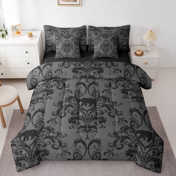 jejeloiu Damask Floral Pattern 7pcs Bedding Comforter Set,Victorian Baroque Flower Queen Bedding Sets,Jungle Animal Bear Queen Sheet Sets For Men Women,Luxury Bedroom Decor Reversible