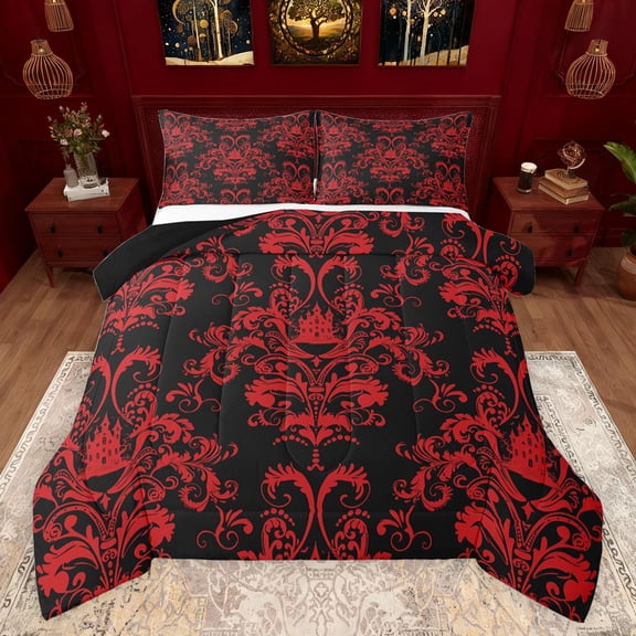 jejeloiu Damask Floral Twin Comforter Set,Red Victorian Cartoon Castle,2-Piece