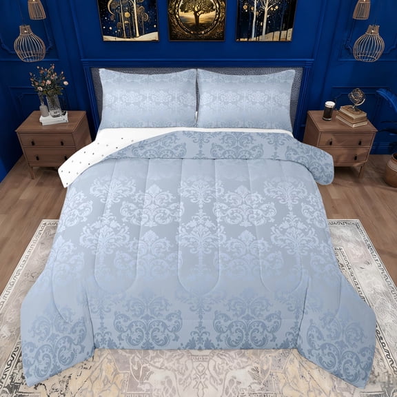 jejeloiu Damask Floral Pattern Queen Comforter Set,Victorian Print Bedding Sets,Blue Baroque Flower Bedding Comforter Set For Men Women,Luxury Bedroom Decor Reversible,3 Pieces