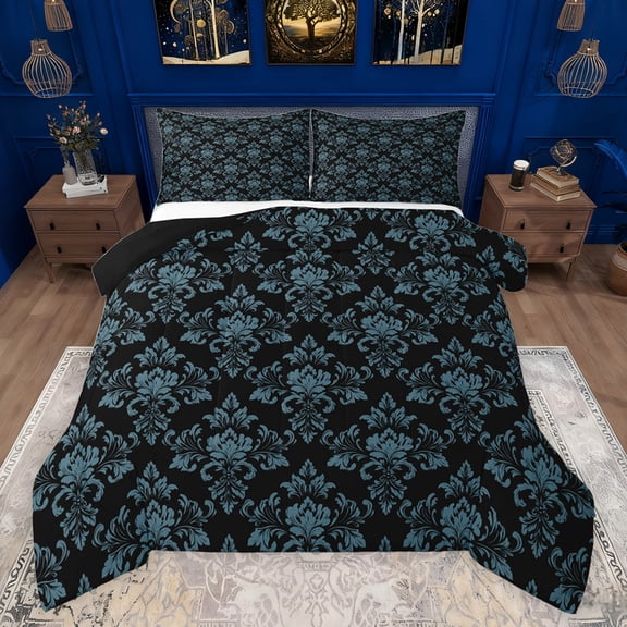 jejeloiu Damask Floral Pattern Queen Comforter Set,Victorian Print Bedding Sets,Blue Black Bedding Comforter Set For Men Women,Luxury Bedroom Decor Reversible,3pcs