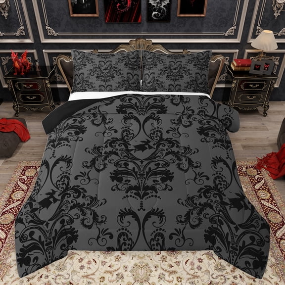 jejeloiu Damask Floral Pattern Queen Comforter Set,Victorian Print Bedding Sets,Funny Halloween Witch Bedding Comforter Set For Men Women,Luxury Bedroom Decor Reversible,3 Pieces