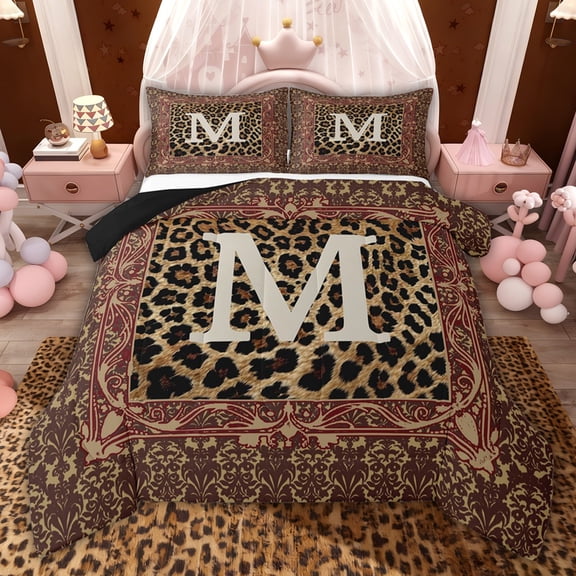 jejeloiu Damask Floral Pattern Twin Comforter Sets,First Letter M Bedding Set For Cheetah Lover Reversible 2pcs
