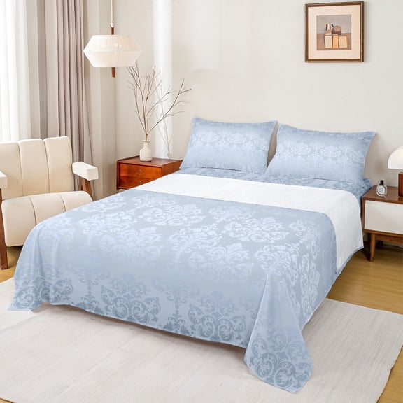 jejeloiu Damask Floral Twin 3-Piece Sheet Set,Blue Baroque Victorian