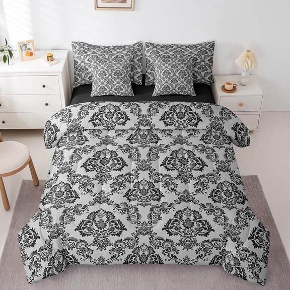jejeloiu Damask Print Bedding Comforter Set,7pcs,Gothic Flower Queen Bedding Sets,Black Gray Queen Sheet Sets,Breathable Bedroom Decorative Reversible