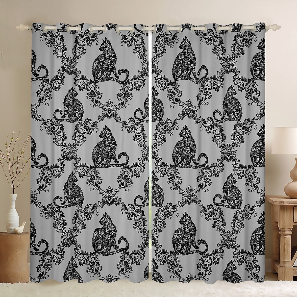 jejeloiu Damask Print Curtains Pack of 2 (42x84 Each),Gothic Flower Curtains Blackout,Black Gray Cat Bedroom Curtains,Breathable Bedroom Decorative