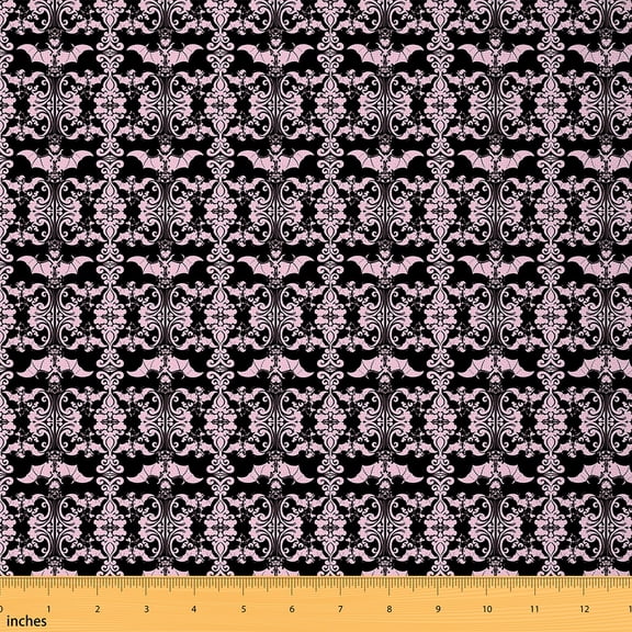 jejeloiu Damask Print Fabric by the Yard 3 Yards,Halloween Spooky Bats Sewing Fabric,Pink Black Baroque Fabric for Sewing,Breathable Bedroom Decorative