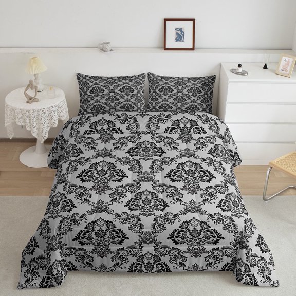 jejeloiu Damask Print Queen Comforter Set,Gothic Flower Bedding Sets,Black Gray Bedding Comforter Set,Breathable Bedroom Decorative Reversible,3 Pieces