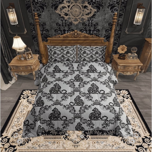 jejeloiu Damask Print Queen Comforter Set,Gothic Flower Bedding Sets,Black Gray Cat Bedding Comforter Set,Breathable Bedroom Decorative Reversible,3-Piece