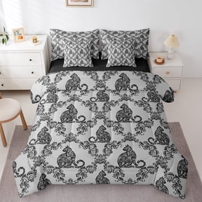 jejeloiu Damask Print Twin Bedding Sets,7-Piece,Gothic Flower Bedding Comforter Set,Black Gray Cat Sheet Sets,Breathable Bedroom Decorative Reversible