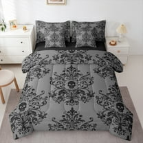 jejeloiu Damask Victorian Flower 7-Piece Twin Bedding Sets,Halloween Skleleton Bedding Comforter Set,Gray Black Sheet Sets For Men Women,Lightweight Room Decorative Reversible
