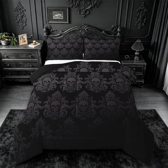 jejeloiu Dark Skull King Size Comforter Sets,Baroque Damask Comforters King Size For Adults,Gray Black,Black Reversible,3pcs,1 Comforter and 2 Pillowcases