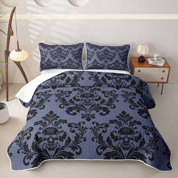 jejeloiu Dark Skull Twin Quilt Set,Damask Print Twin Coverlet Set For Adults,Slate Black,2-Piece