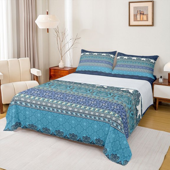 jejeloiu Deep Border King Sheets For Men Women,Nautical Print Bedding,Navy Teal,4-Piece,1 Flat Sheet, 1 Fitted Sheet and 2 Pillowcases