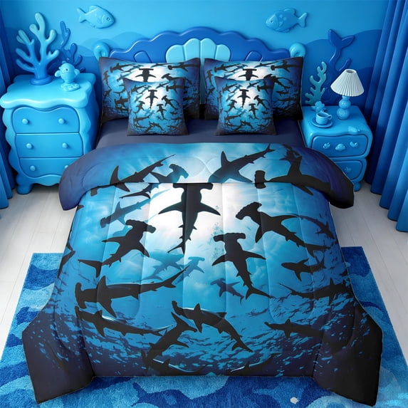 jejeloiu Deep Ocean Shark 7-Piece Twin Bedding,Silhouette Print Bedding Comforter Set For Boys,Blue Black,Navy Blue Reversible