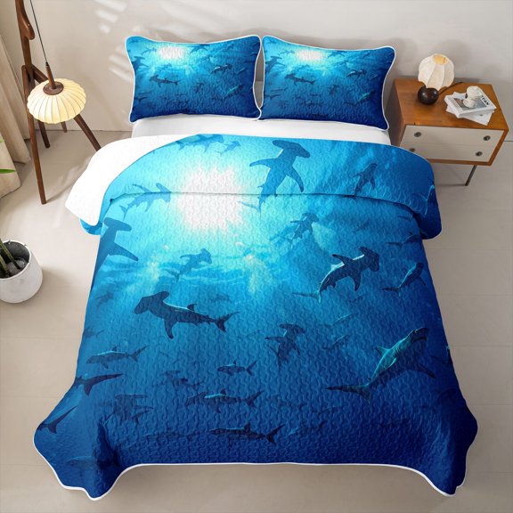 jejeloiu Deep Ocean Shark Bed Spread Queen,Sunlight Print Queen Coverlet Set For Boys,Blue Black,3pcs