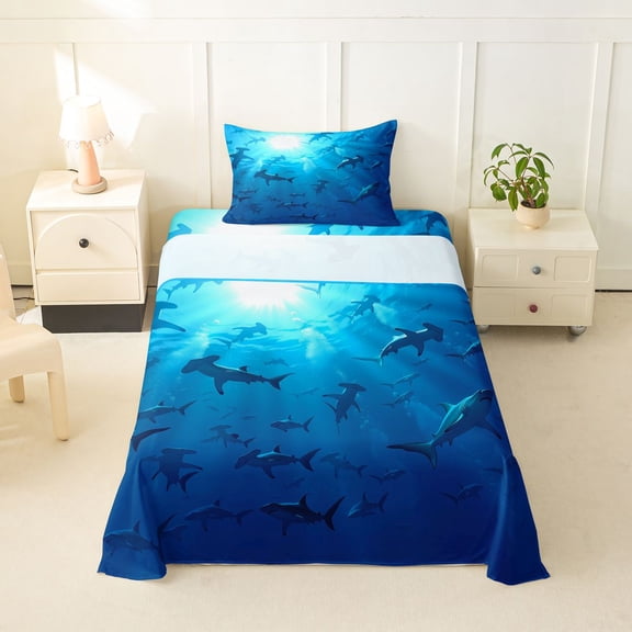 jejeloiu Deep Ocean Shark Twin Sheets,Sunlight Print Bedding For Boys,Blue Black,3-Piece,1 Fitted Sheet and 1 Pillowcase