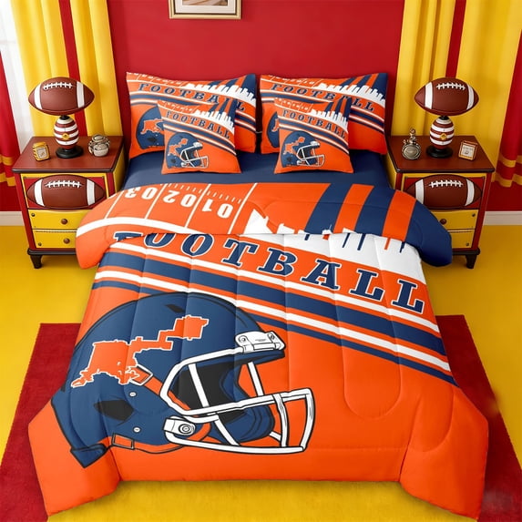 jejeloiu Deepblue Orange Helmet 7 Pieces Bedding Comforter Set,American Rugby Ball Full Bedding Set For Ball Lover Reversible
