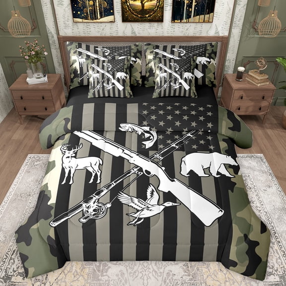 jejeloiu Deer Bear Silhouette 7-Piece Bedding Comforter Set,Jungle Animal King Bedding Sets,Green Black Brown Bed Sheets For Men Women,Microfiber Bedroom Decor Reversible
