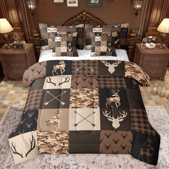 jejeloiu Deer Skull Silhouette 7-Piece Twin Bedding Sets,Farmhouse Camouflage Hunting Bedding Comforter Set,Brown Plaid Grid Sheet Sets For Teens,Breathable Home Decor Reversible