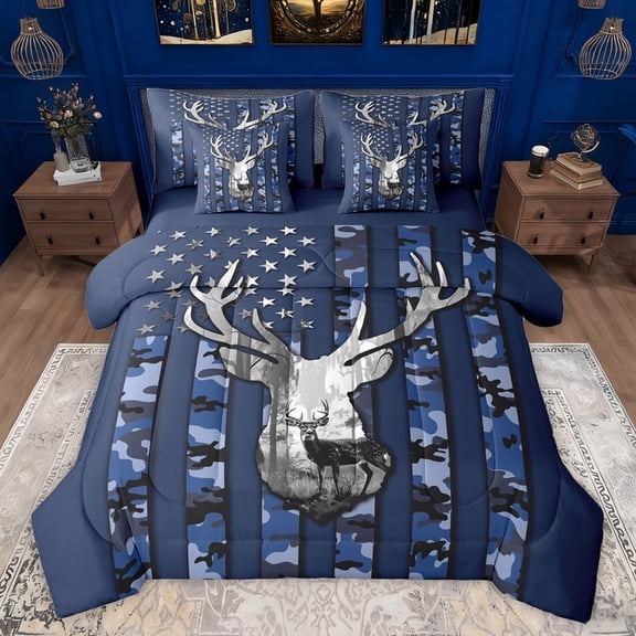 jejeloiu Deer Skull Silhouette 7pcs Bedding Comforter Set,Camo Camouflage Print Queen Bedding Sets,Farmhouse Hunting Queen Sheet Sets For Ultra Soft Home Decor Reversible