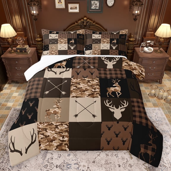 jejeloiu Deer Skull Silhouette Full Size Comforter Sets,Farmhouse Camouflage Hunting Bedding Comforter Set,Brown Plaid Grid Bedding Sets For Teens,Breathable Home Decor,3-Piece