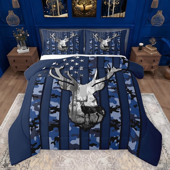 jejeloiu Deer Skull Silhouette Queen Comforter Set,Camo Camouflage Print Bedding Sets,Farmhouse Hunting Bedding Comforter Set For Ultra Soft Home Decor Reversible,3 Pieces