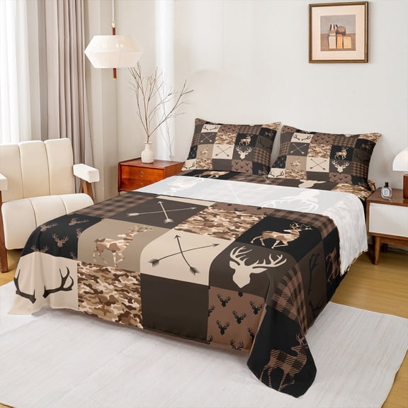 jejeloiu Deer Skull Silhouette Twin Sheet Sets,Farmhouse Camouflage Hunting Twin Fitted Sheet,Brown Plaid Grid Flat Sheet For Teens,Breathable Home Decor,3pcs