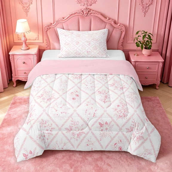 jejeloiu Delicate Floral Twin Comforter Sets For Girls,Diamond Pattern Bedding Set,White Pink,Pink Reversible,2 Pieces,1 Comforter and 1 Pillowcase