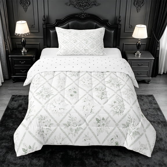jejeloiu Delicate Floral Twin Comforter Sets For Girls,Diamond Print Bedding Set,White Green,Reversible,2pcs,1 Comforter and 1 Pillowcase