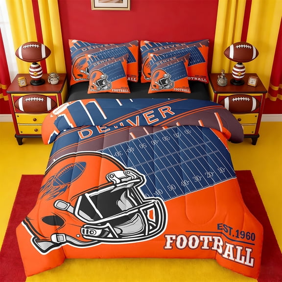 jejeloiu Denver Bedding Comforter Set,7pcs,Rugby Sports Queen Bedding Sets,American Ball Sport Queen Sheet Sets,Breathable Room Decorative Reversible