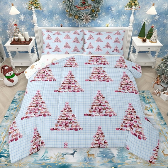 jejeloiu Dessert Christmas Tree Queen Comforter Set,Merry Xmas Bedding Sets,Pink Blue Bedding Comforter Set For Teens,Ultra Soft Home Decor Reversible,3-Piece