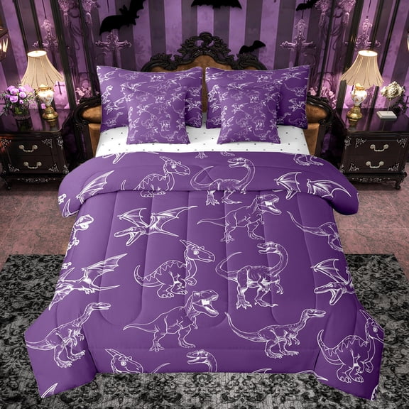 jejeloiu Dino 7-Piece Bedding Comforter Set,Vintage Dinosaur King Bedding Sets,White Purple Bed Sheets For Boys Teens,Luxury Bedroom Decor Reversible