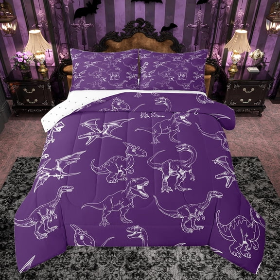 jejeloiu Dino Bedding Comforter Set,Vintage Dinosaur Twin Comforter Sets,White Purple Bedding Set For Boys Teens,Luxury Bedroom Decor Reversible,2 Pieces