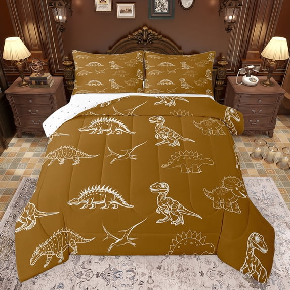 jejeloiu Dinosaur Dino Wildlife Queen Comforter Set,Jungle Animals Bedding Sets,Brown White Bedding Comforter Set For Boys Girl,Microfiber Bedroom Decor Reversible,3pcs