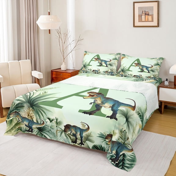jejeloiu Dinosaur Monogram A Full Size Sheets For Kids,Tropical Botanical Print Bed Sheets For Boys,4-Piece