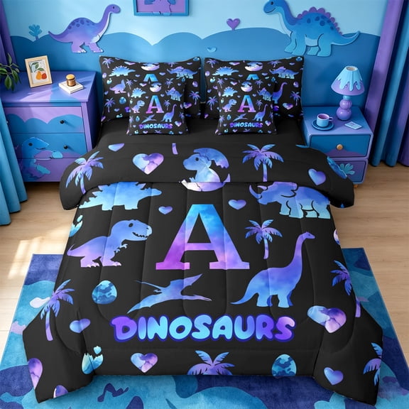 jejeloiu Dinosaur Watercolor Monogram A 7-Piece Twin Bedding Sets For Boy,Wild Animal Themed Bedding Comforter Set For Kids,Black Reversible