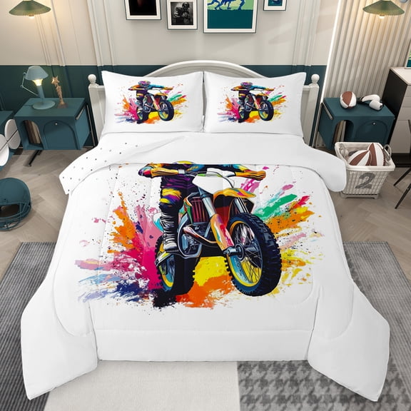 jejeloiu Dirt Bike Bedding Comforter Set,Extreme Motorcycle Soprt Twin Comforter Sets,Watercolor Splash Ink Bedding Set For Noys Kids,Ultra Soft Home Decor Reversible,2-Piece