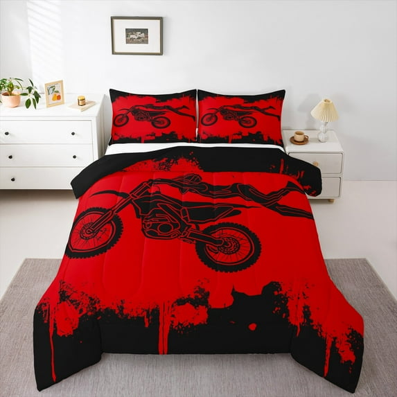 jejeloiu Dirt Bike Bedding Comforter Set,Outdoor Extreme Sport Twin Comforter Sets,Red Black Bedding Set Teens,Ultra Soft Home Decor Reversible,2pcs
