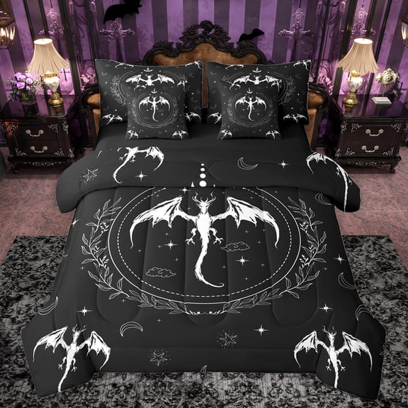 jejeloiu Dragon 7 Pieces Bedding Comforter Set,Bohemian Exotic Style Full Bedding Set,White Black Fitted Sheet Flat Sheet For Boys Teens,Super Cozy Room Decor Reversible