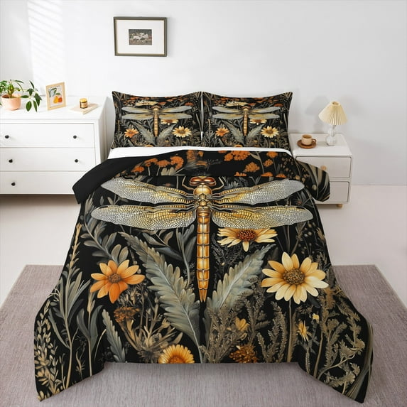 jejeloiu Dragonfly Queen Comforter Set,Retro Flower Floral Bedding Sets,Natural Plant Bedding Comforter Set For Teens,Ultra Soft Home Decor Reversible,3-Piece