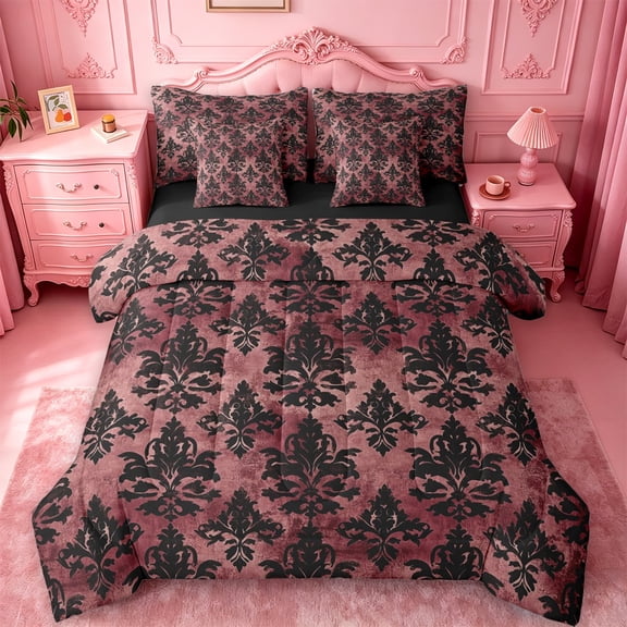 jejeloiu Dramatic Damask 7-Piece King Bedding,Gothic Print King Bed in a Bag For Adults,Red Black,Black Reversible