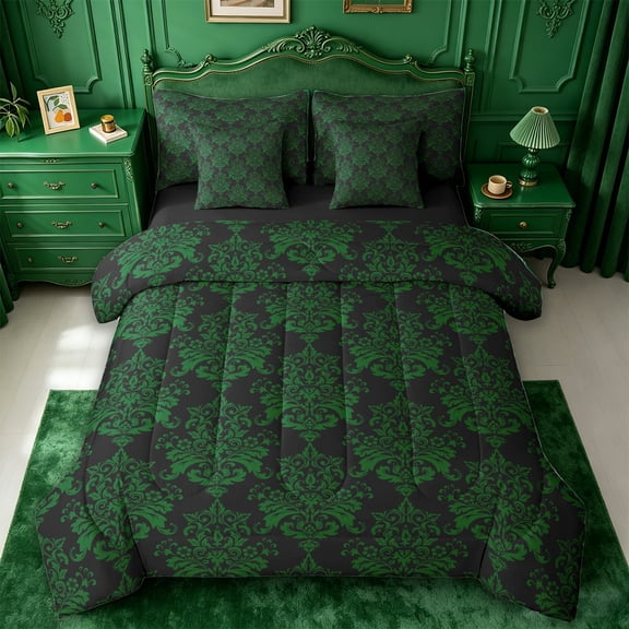 jejeloiu Dramatic Damask 7pcs Queen Bedding,Bold Retro Bedding Comforter Set Queen For Adults,Black Green,Black Reversible